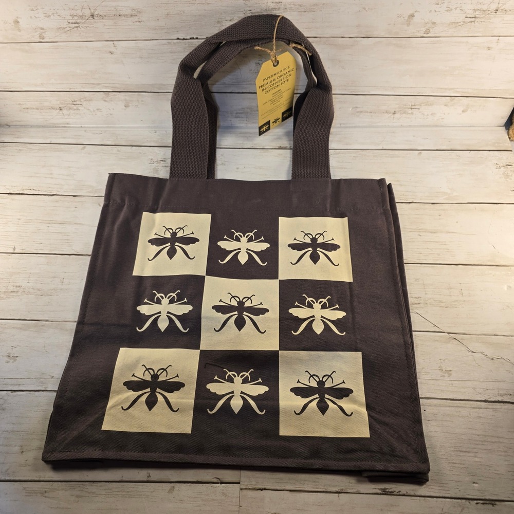 NWT Paper Source Organic Cotton Bee Tote Bag Re-Wrap Brown Cream Handcrafted